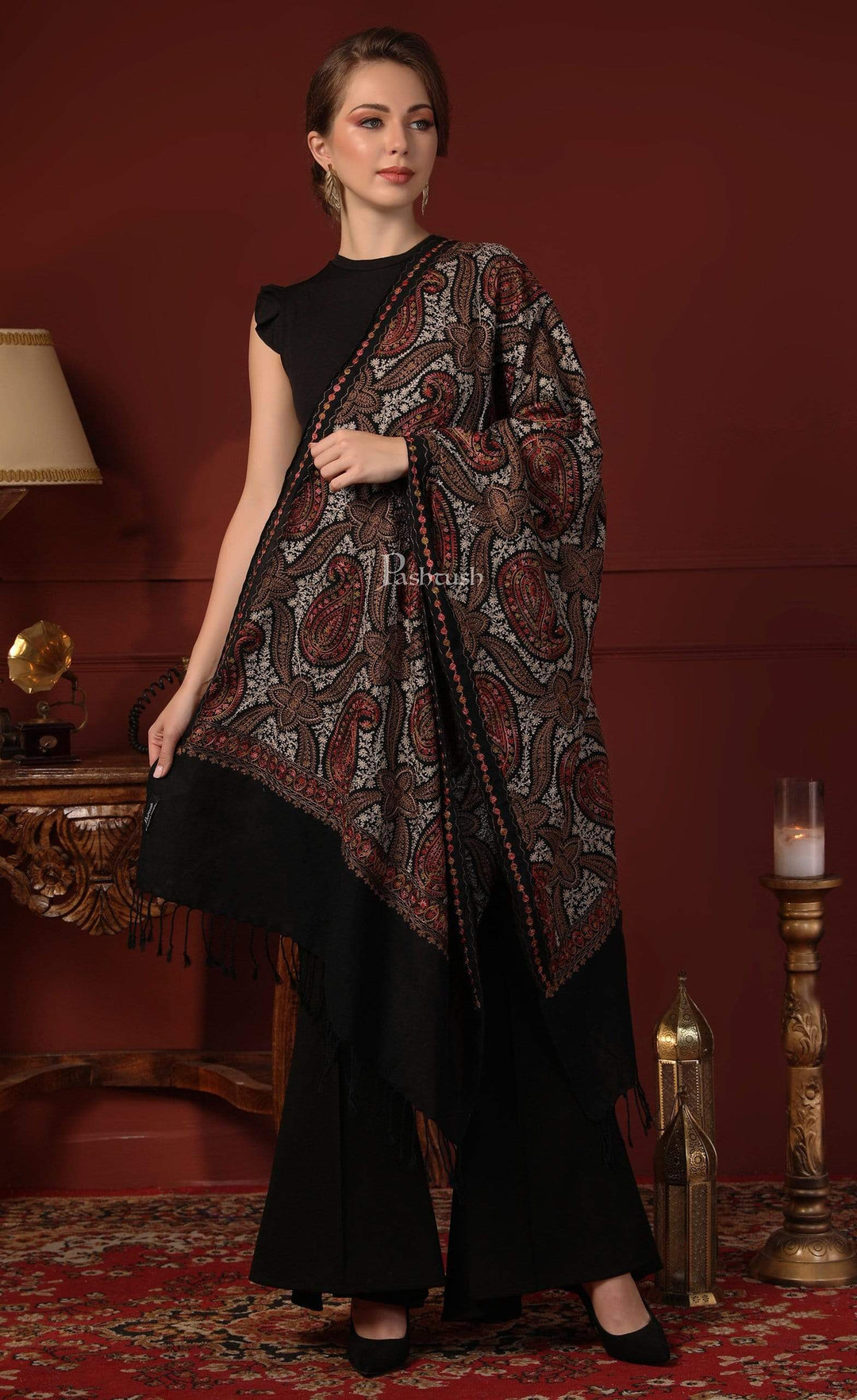 Pashtush India 70x200 Pashtush Womens Woollen Stole with Nalki Embroidery, Black