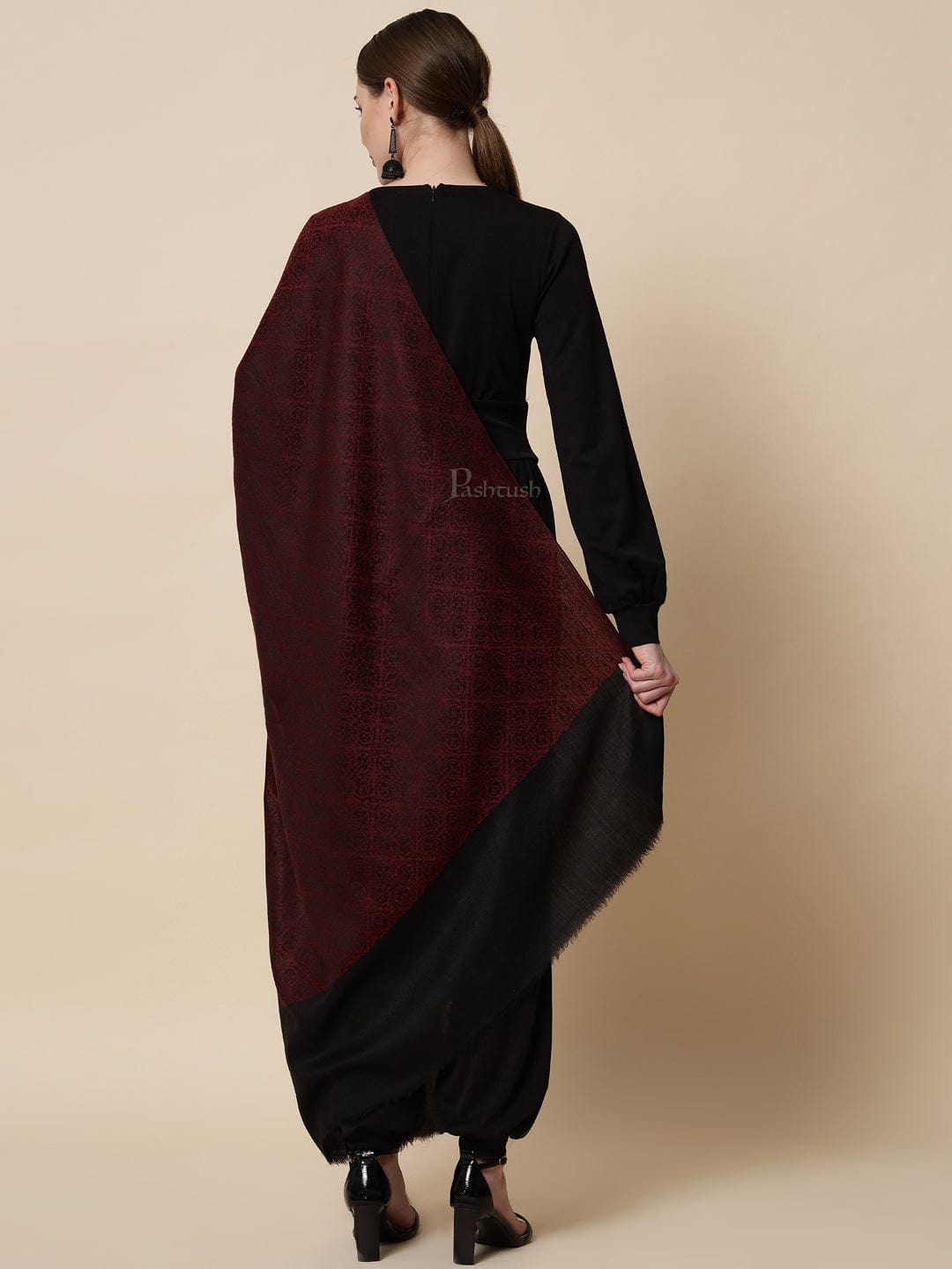 Pashtush India Womens Shawls Pashtush Womens Woven Paisley, Self Shawl, In Extra Soft Fine Wool, Large Wrap Size, Black