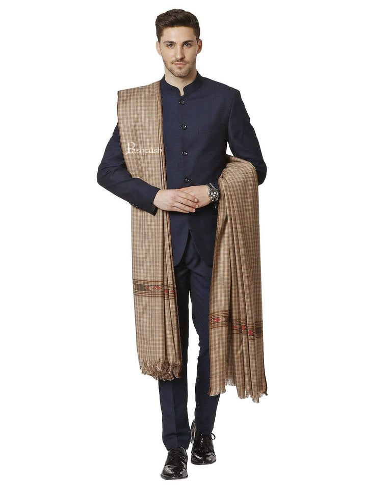 Pashtush India 127x254 Pashtush Woven Kullu Design Mens Full Size Shawl In Extra Fine Wool - Taupe