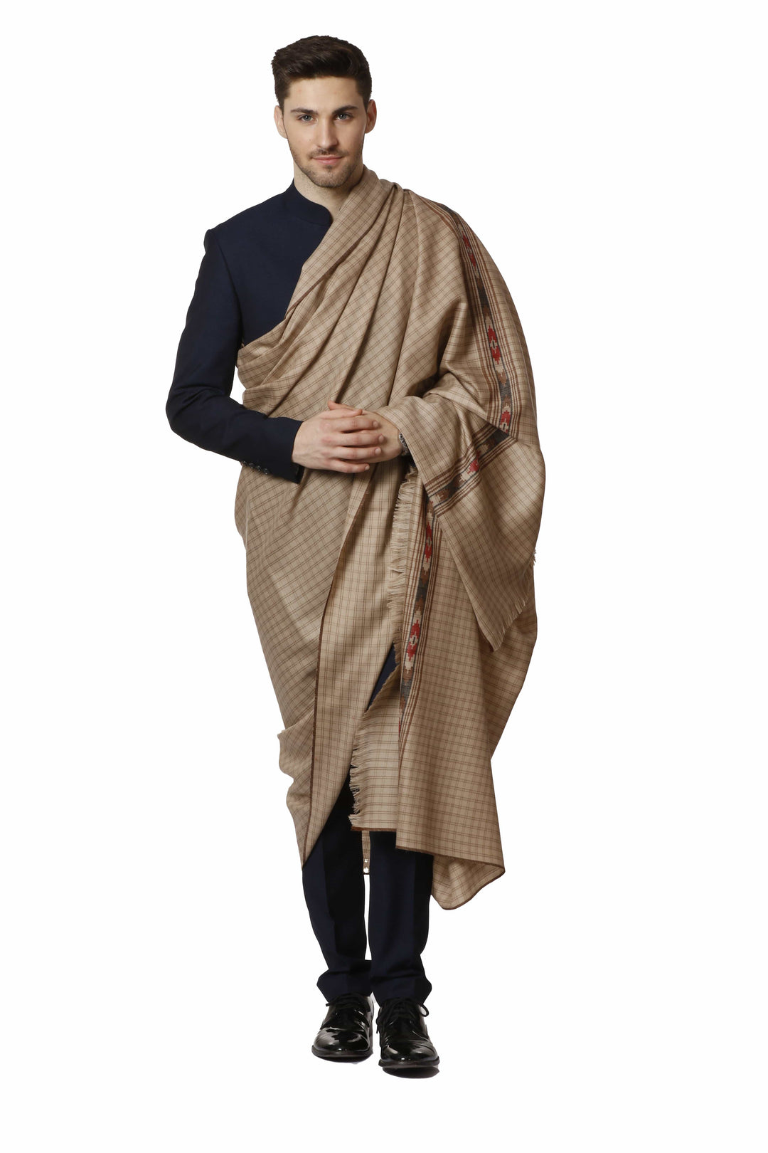 Pashtush India 127x254 Pashtush Woven Kullu Design Mens Full Size Shawl In Extra Fine Wool - Taupe