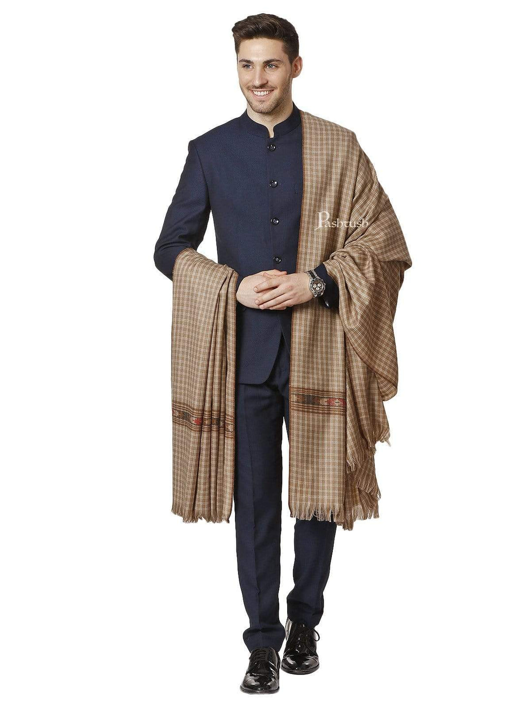 Pashtush India 127x254 Pashtush Woven Kullu Design Mens Full Size Shawl In Extra Fine Wool - Taupe