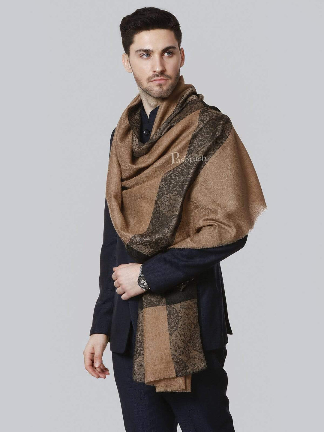 Pashtush India 70x200 Pashtush Woven Mens Pashmina Stole, Jacquard Weave, Mens Muffler, Warm Cashmere Feel