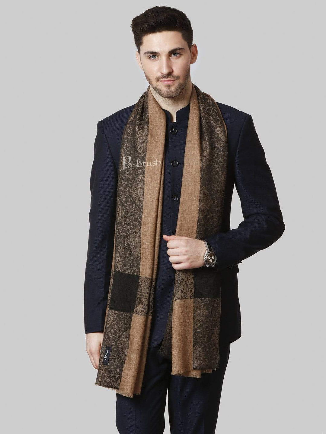 Pashtush India 70x200 Pashtush Woven Mens Pashmina Stole, Jacquard Weave, Mens Muffler, Warm Cashmere Feel