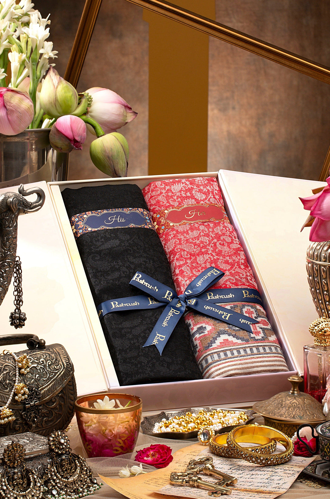 Pashtush India Gift Pack Pashutsh His and Her Set of Mens Stole and Womens Shawl, with Premium Gift Box