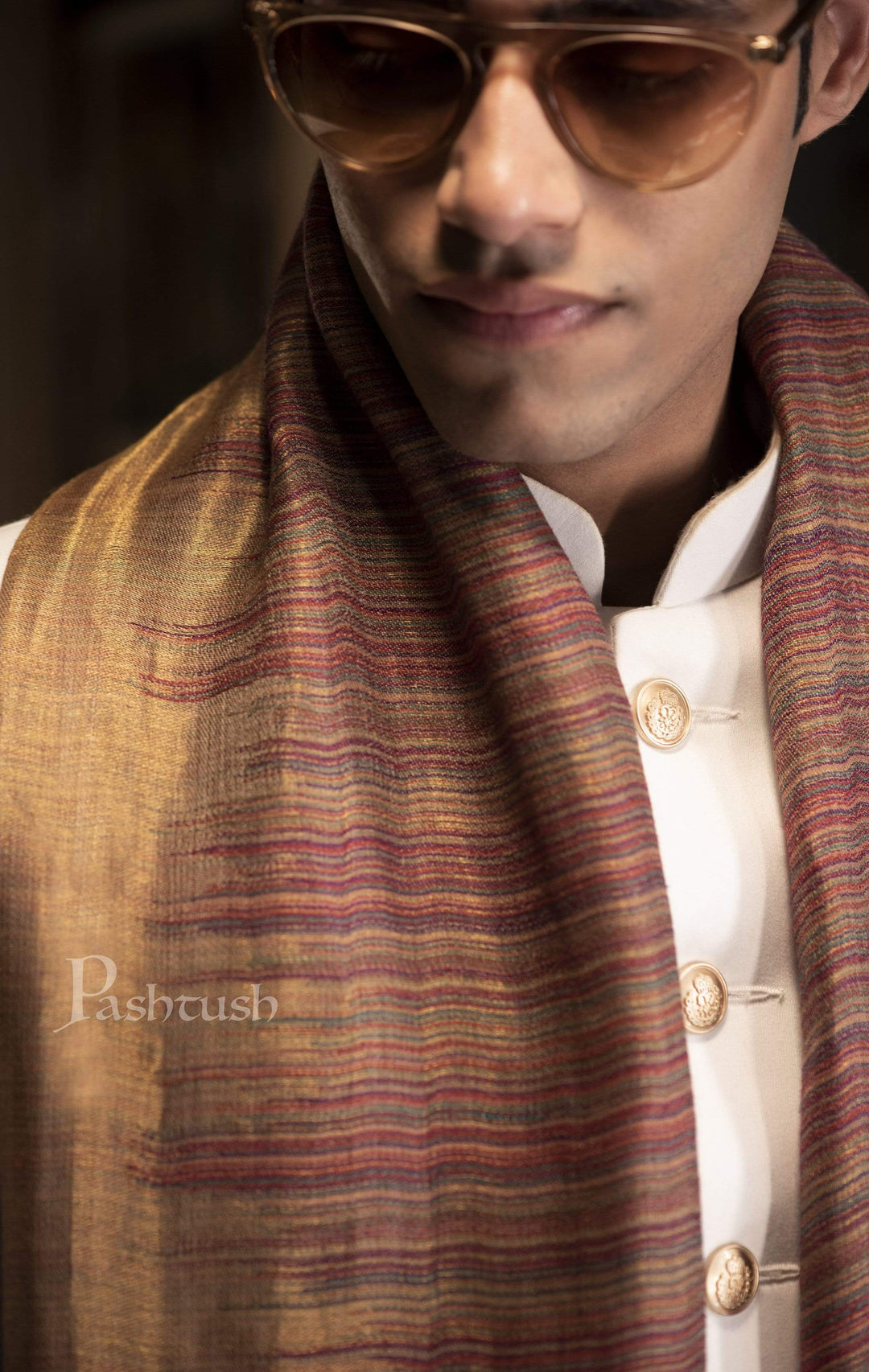 Pashtush India 70x200 Pashutsh Mens Scarf, With Shimmery Zari Thread Weave