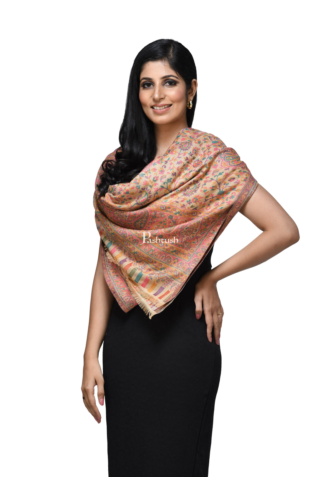 Pashwool Womens Shawls Pashwool Womens Ethnic Design Shawl, Light Weight, Soft And Warm, Beige