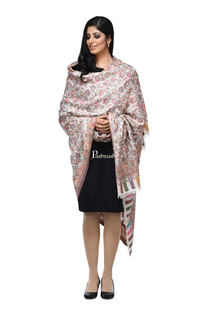 Pashwool Womens Shawls Pashwool Womens Ethnic Design Shawl, Light Weight, Soft And Warm, White