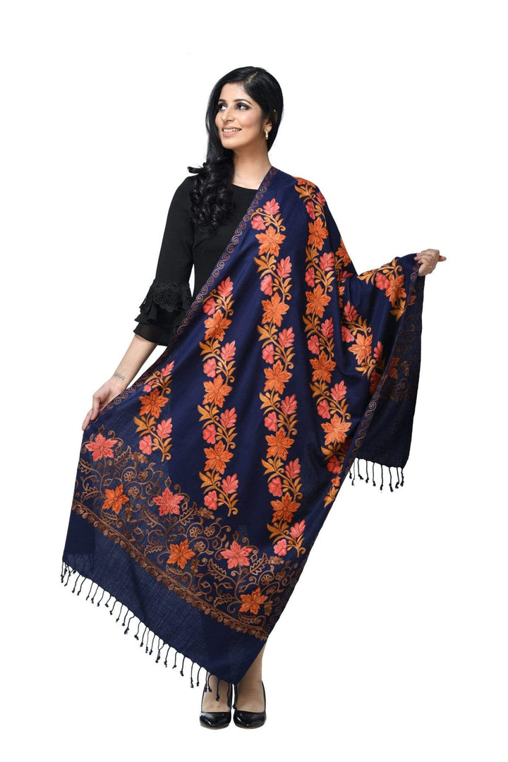 Pashwool 70x200 Pashwool Womens Kashmiri Embroidery Stole, Fine Soft and Warm, Woollen Stole, Navy Blue