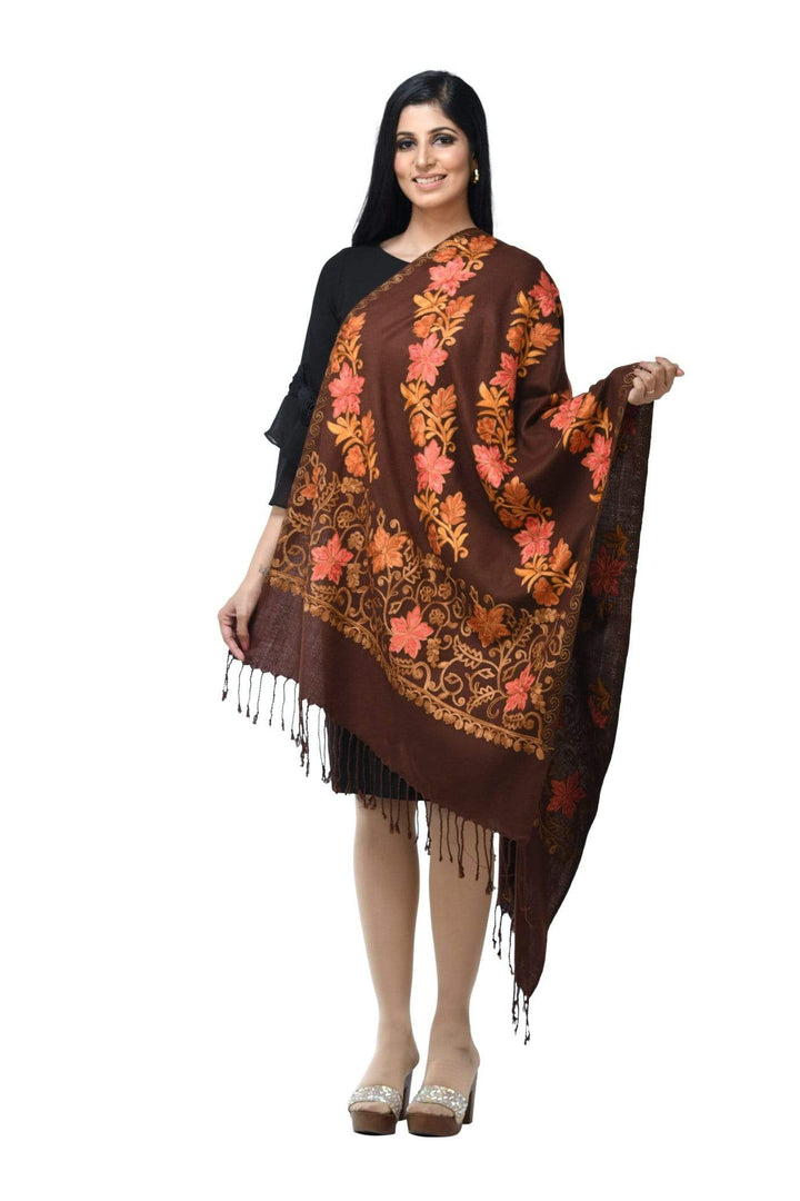 Pashwool 70x200 Pashwool Womens Kashmiri Embroidery Stole, Soft and Warm, Woollen Stole, Coffee