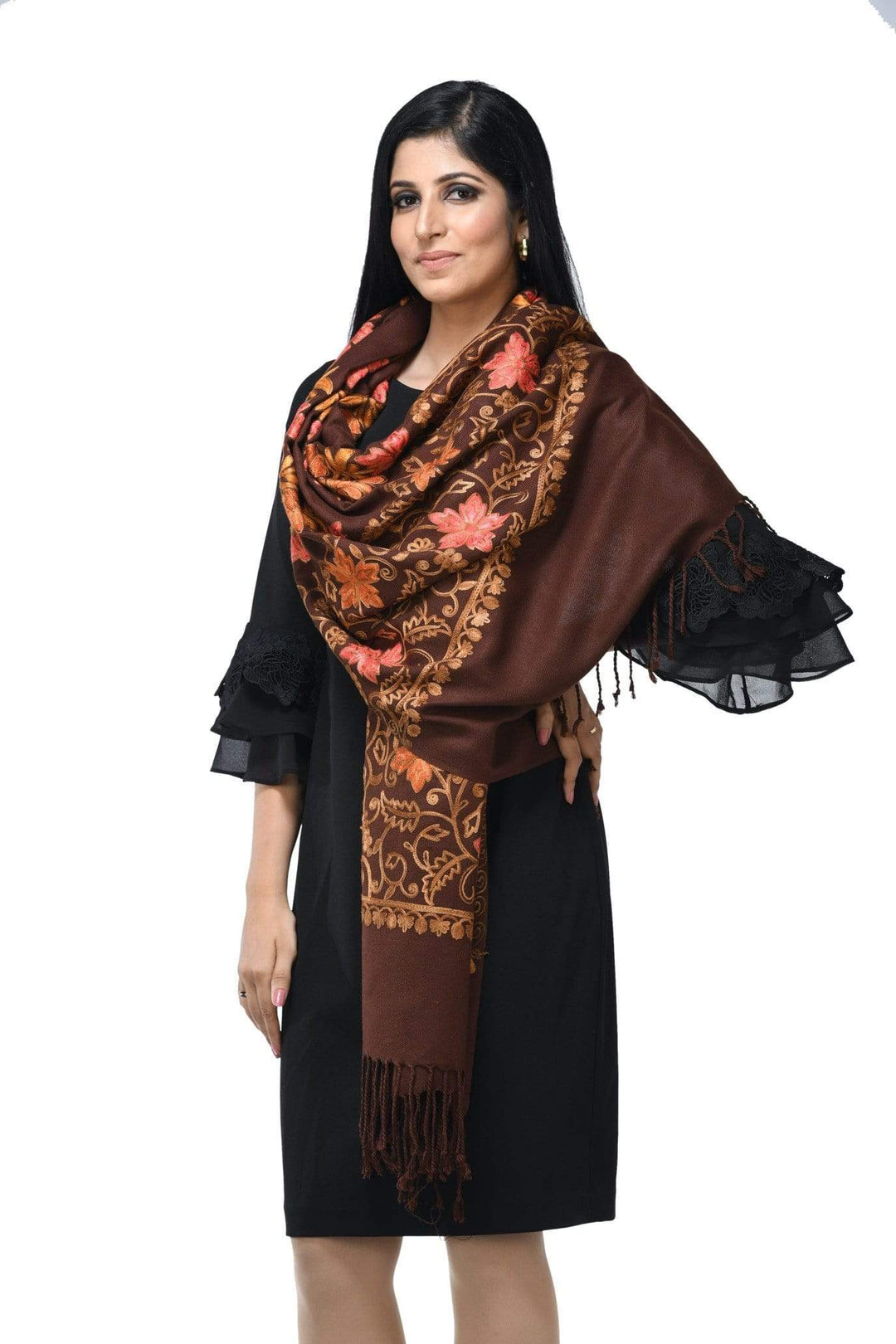 Pashwool 70x200 Pashwool Womens Kashmiri Embroidery Stole, Soft and Warm, Woollen Stole, Coffee