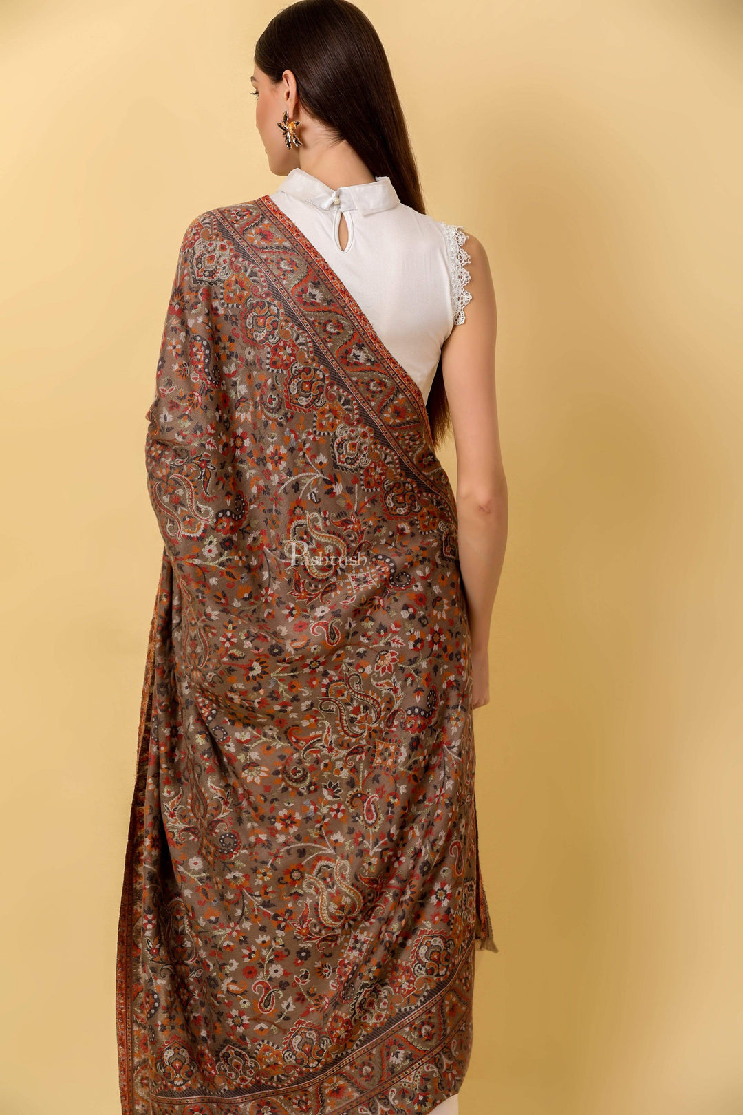 Pashtush India 100x200 Womens Ethnic Shawl, Faux Pashmina, Soft and Warm, Sahara Beige