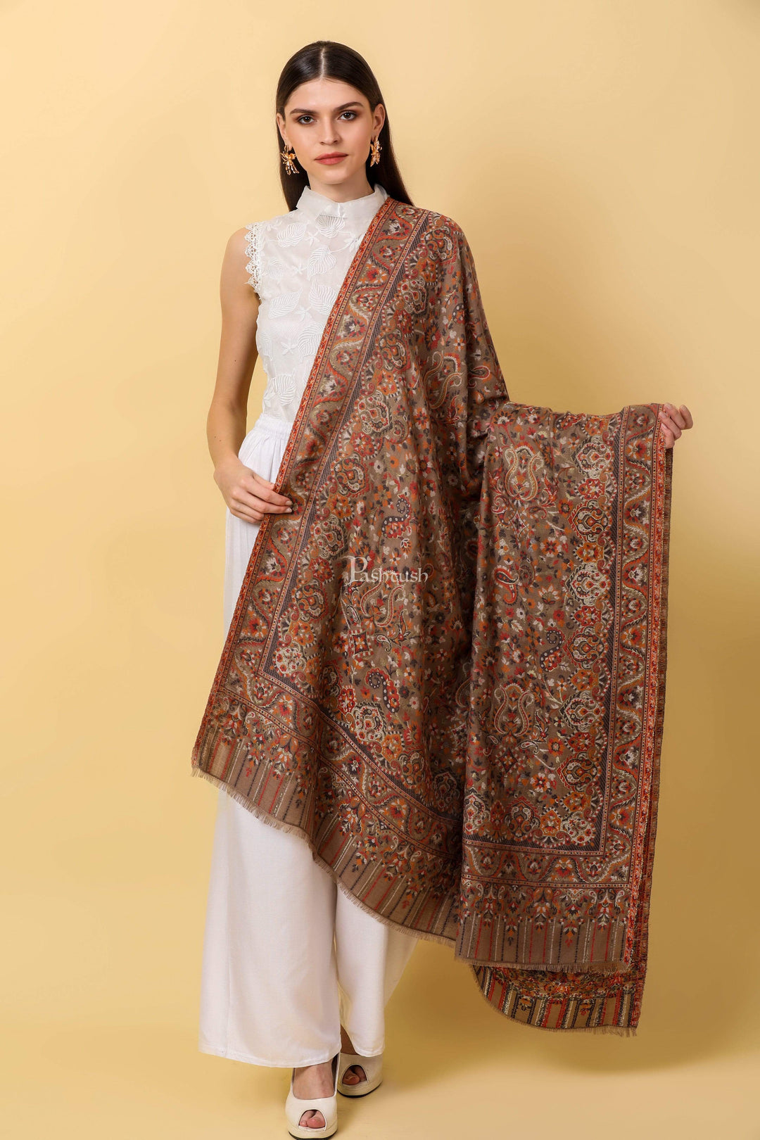 Pashtush India 100x200 Womens Ethnic Shawl, Faux Pashmina, Soft and Warm, Sahara Beige