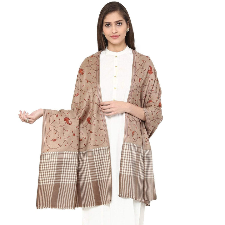 Pashtush Store Pashtush Women's embroidered Wool Shawl with check palla